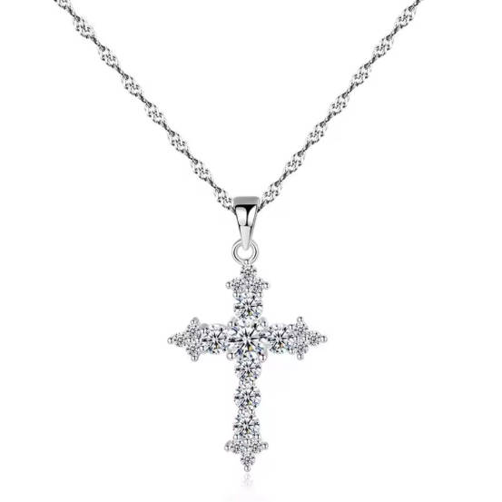 Luxury 925 Sterling Silver Diamond Cubic Zirconia Cross Pendant Necklace