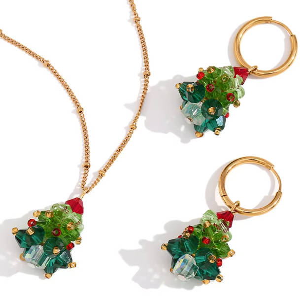 Christmas Crystal Earring Necklace Gold Plated Jewelry Set