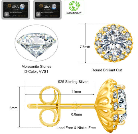 Moissanite Earring Women Christmas Gift Diamond 925 Sterling Silver Halo Earring 3