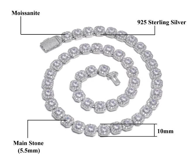 Hip Hop Jewelry Square Tennis Link Chain Necklace 925 Sterling Silver Moissanite Chain 3