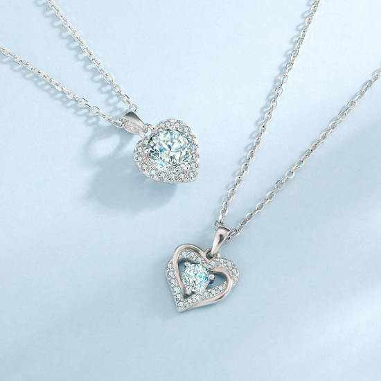 Moissanite Heart Necklace Diamond Pendant 14K White Gold Plated 925 Sterling Silver Chain